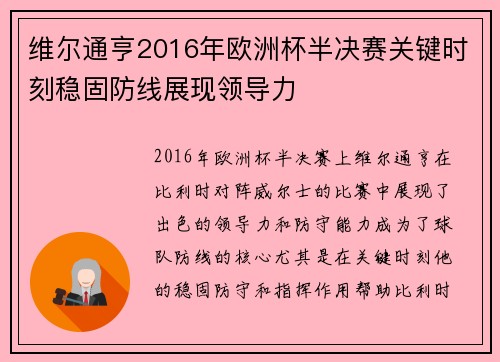 维尔通亨2016年欧洲杯半决赛关键时刻稳固防线展现领导力